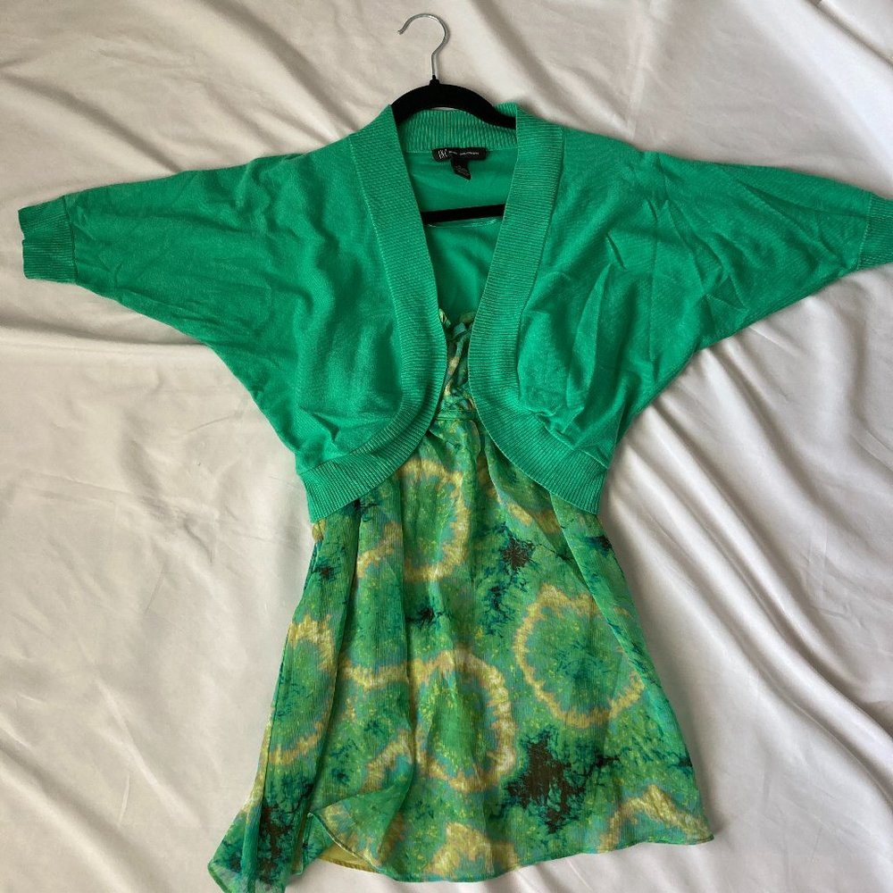 INC International Concepts Green Baby Doll Cami Tank Top & Cardigan SET Women M